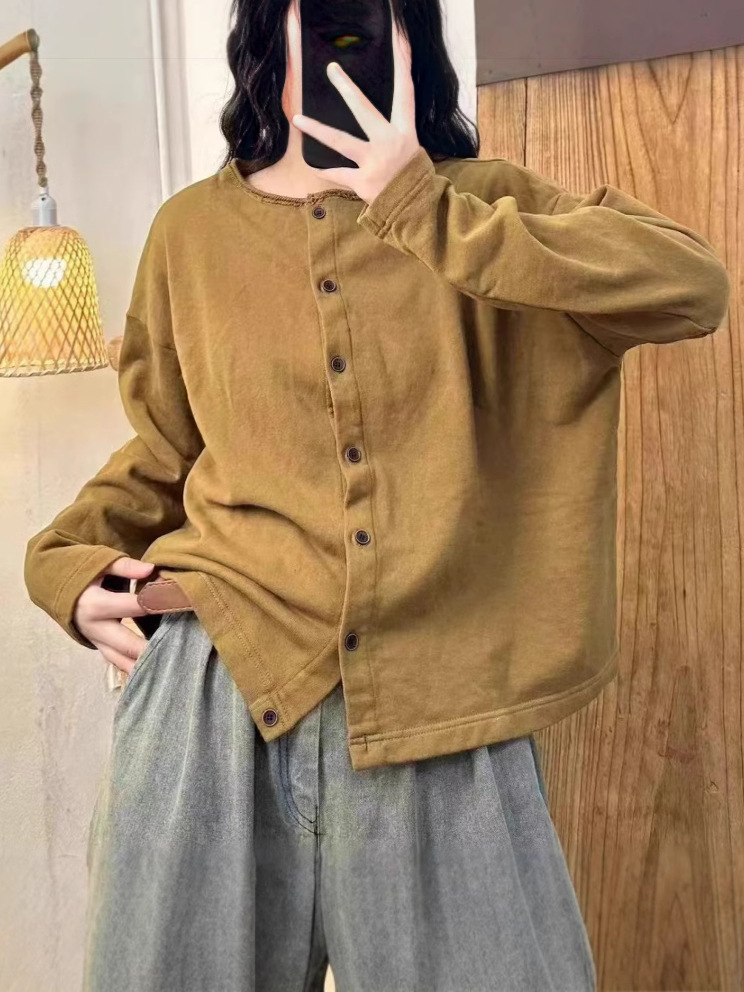 テリーコットン系のカーディガン女性の丸首カーディガン2025春の新型のゆったりしたカジュアルファッションのキャンディー色の上着