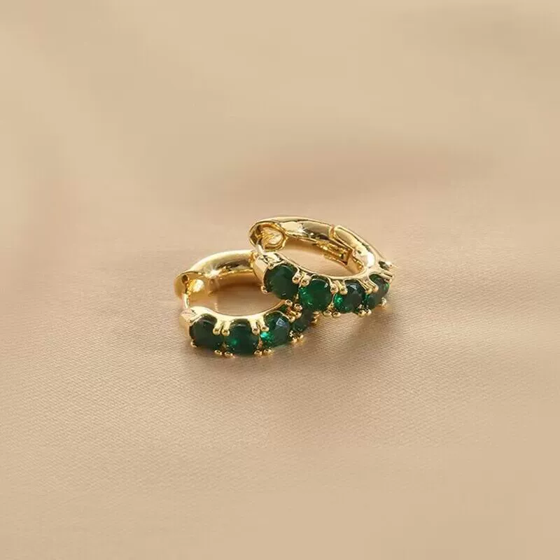 Earrings W683, zirconium stones, green or red, gold‑tone light‑luxury hoop design