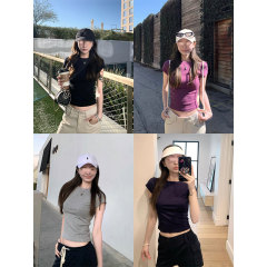YUYUREAL アメリカンスタイル万能クラシックラウンドネックショルダー直立半袖Tシャツ 夏新作無地スリムショート丈Tシャツ レディース