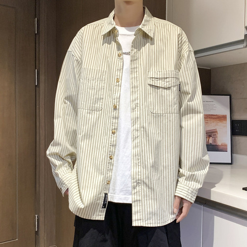Minimalist Retro Vertical Striped Long-Sleeve Shirt for Men, Spring Versatile Open Shirt, Stylish Casual Student Loose Collar Shirt Outerwear