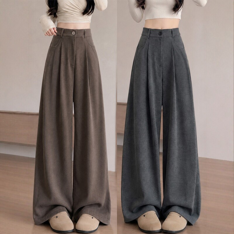 Women's Autumn 2026 New Style Oatmeal High-Waisted Loose Casual Petite Wide-Leg Pants