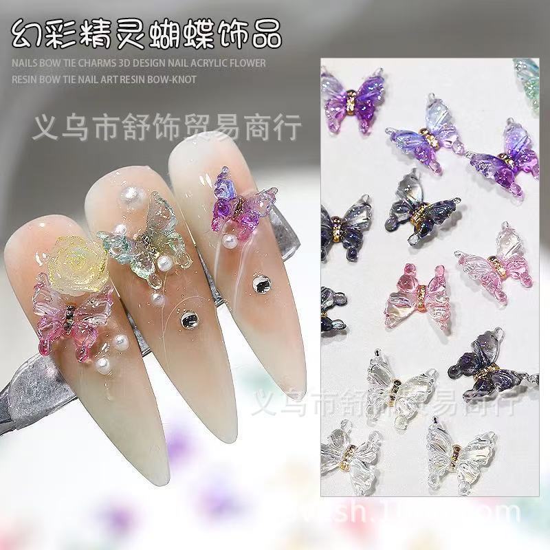 웨어러블 네일 장식 도매 심포니 엘프 나비 네일 아트 액세서리 컬러 아이스 투명 수지 3 차원 네일 다이아몬드 액세서리