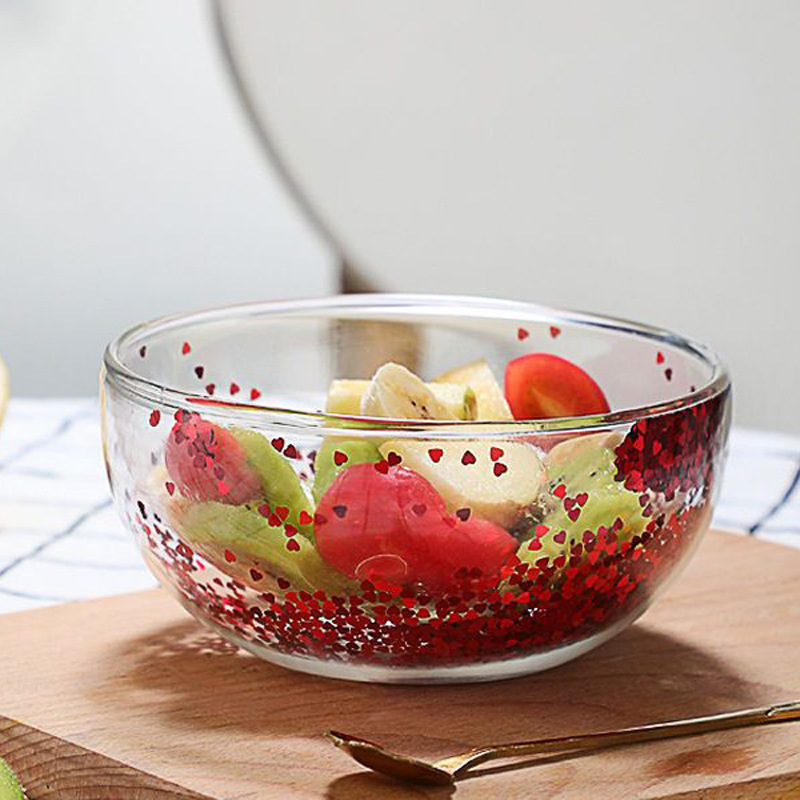 Tazón de vidrio aislado de doble capa lindo tazón de yogur creativo tazón de helado tazón de postre doméstico transparente con lentejuelas de amor