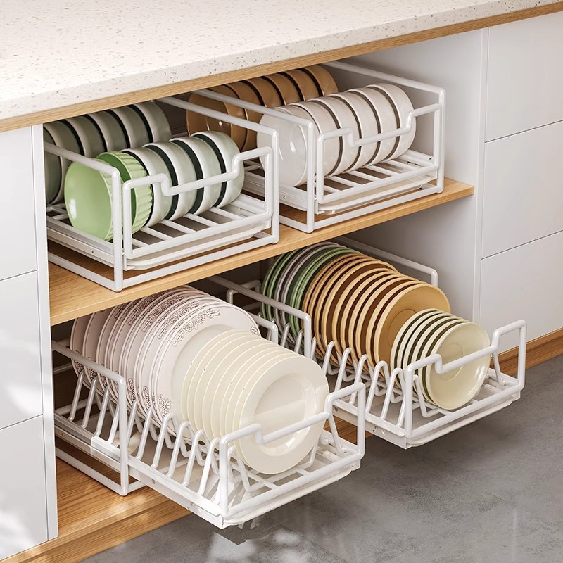 Instalación gratuita de canastas de cocina, canastas de tazón extraíbles en el armario, estante de almacenamiento de platos, fregadero inferior, estante en capas tipo cajón