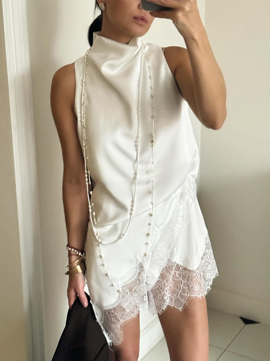 Ärmelloses Satin-top Mit Rollkragen Und Spitzenbesatz Für Damen_voghion.com