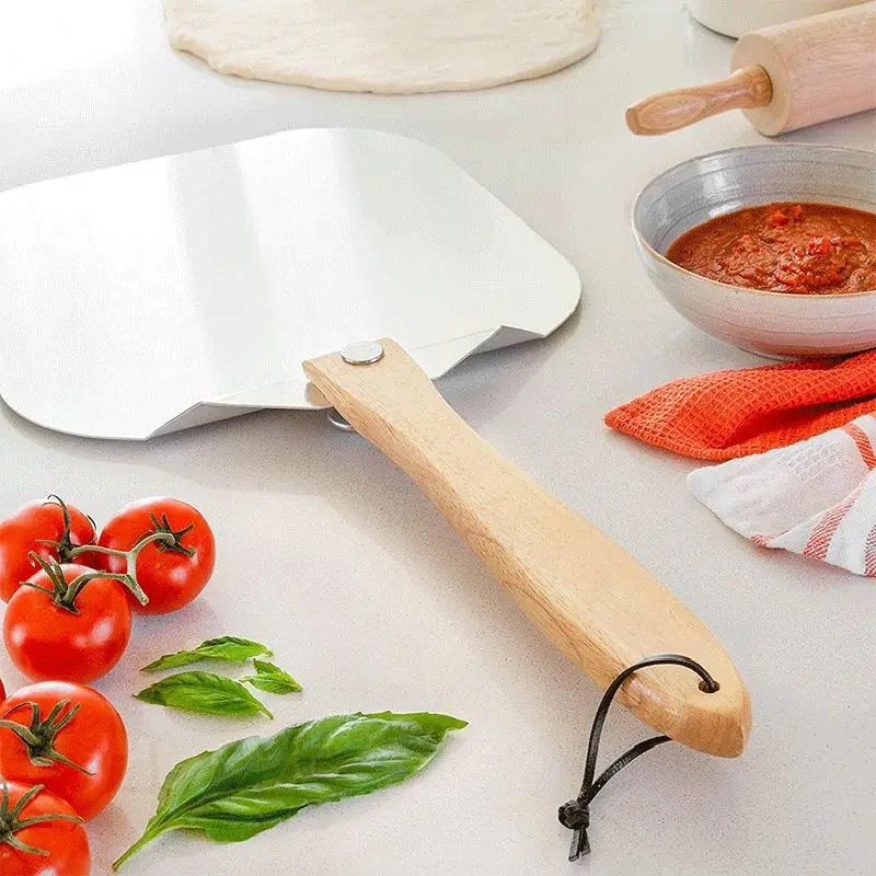 Pala de pizza de aluminio plegable, transferencia de mango de madera, pala de pizza, juego de herramientas de cortador de pizza, pala de pizza para hornear image 4
