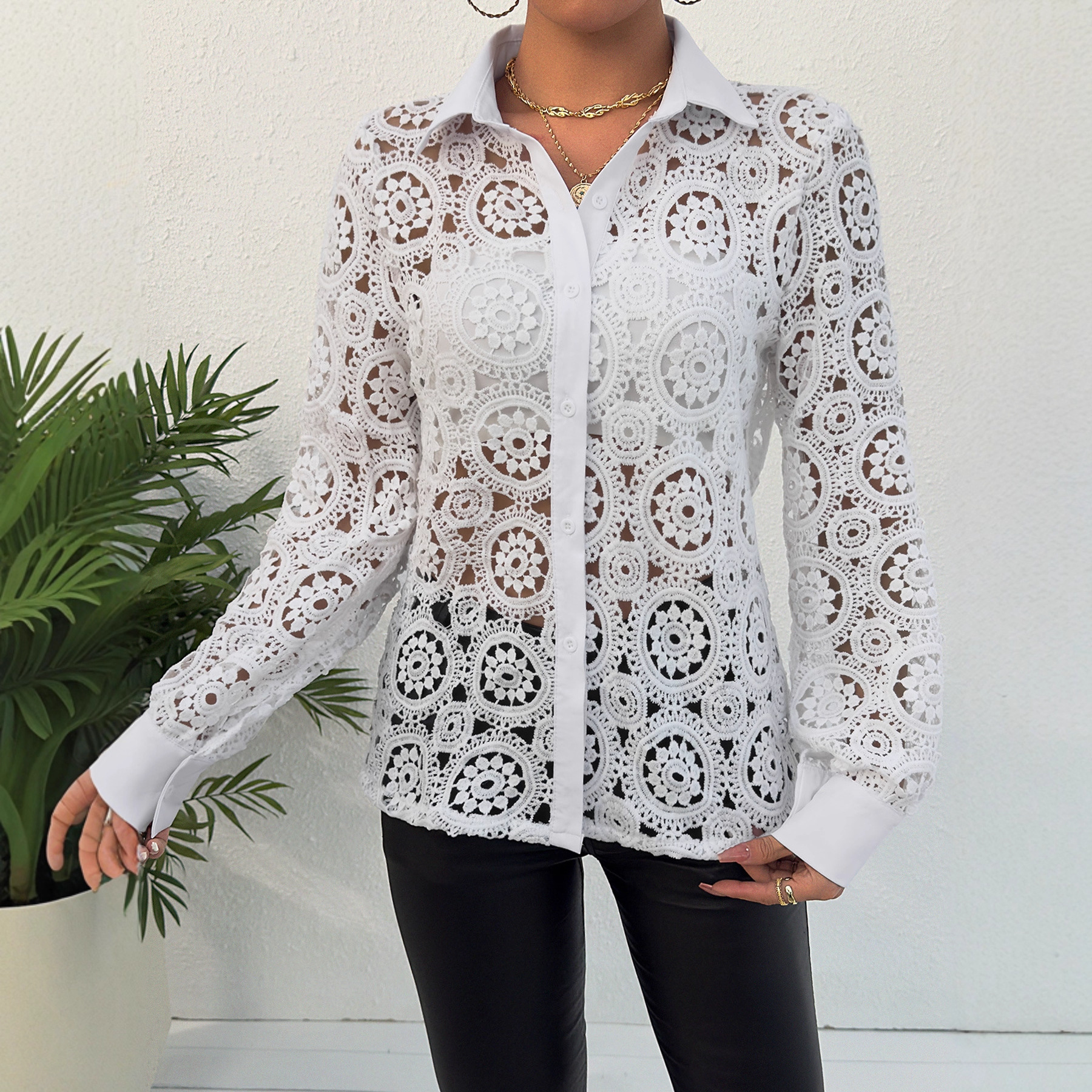 Women's Long Sleeve V Neck Lace Shirt Blouse Fashion Top_ecoleips.com