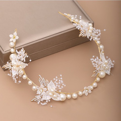 桔禮高端水鑽葉子髮帶 手工編織珍珠頭飾 新娘婚紗配飾 廠家直銷