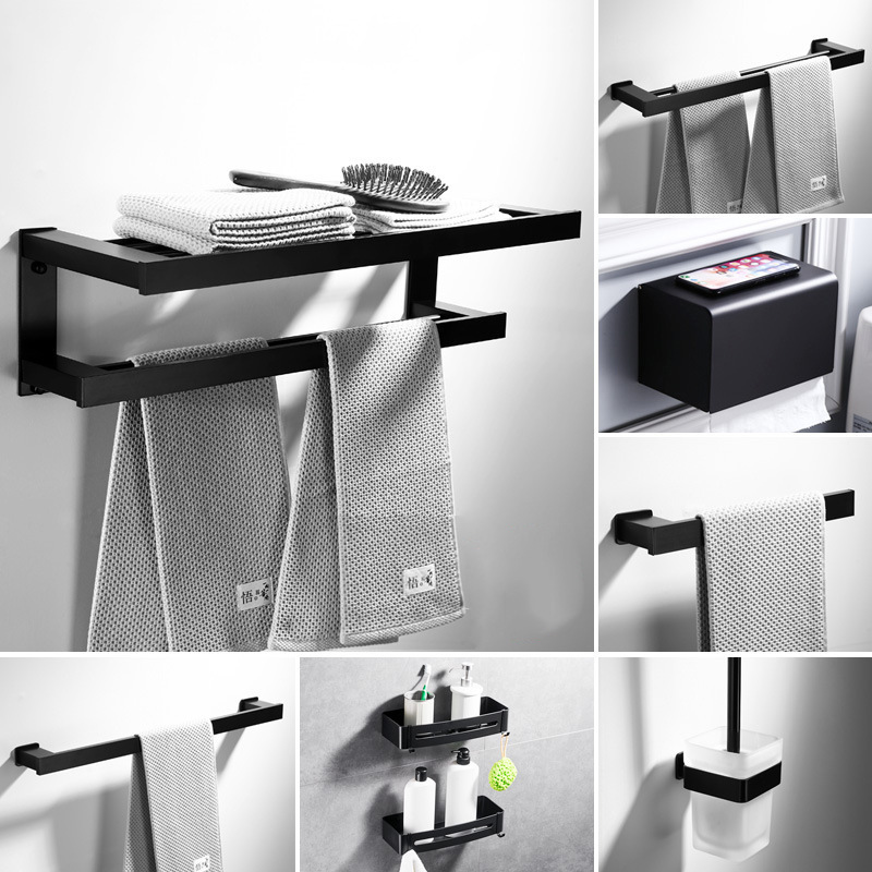 Negro baño toallero baño Punch-libre baño rack baño hardware colgante traje espacio aluminio