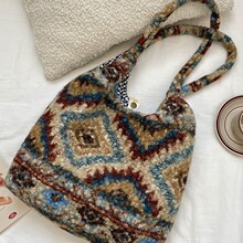 510251 ins复古格子毛绒简约单肩学生大容量通勤背心包手提帆布包