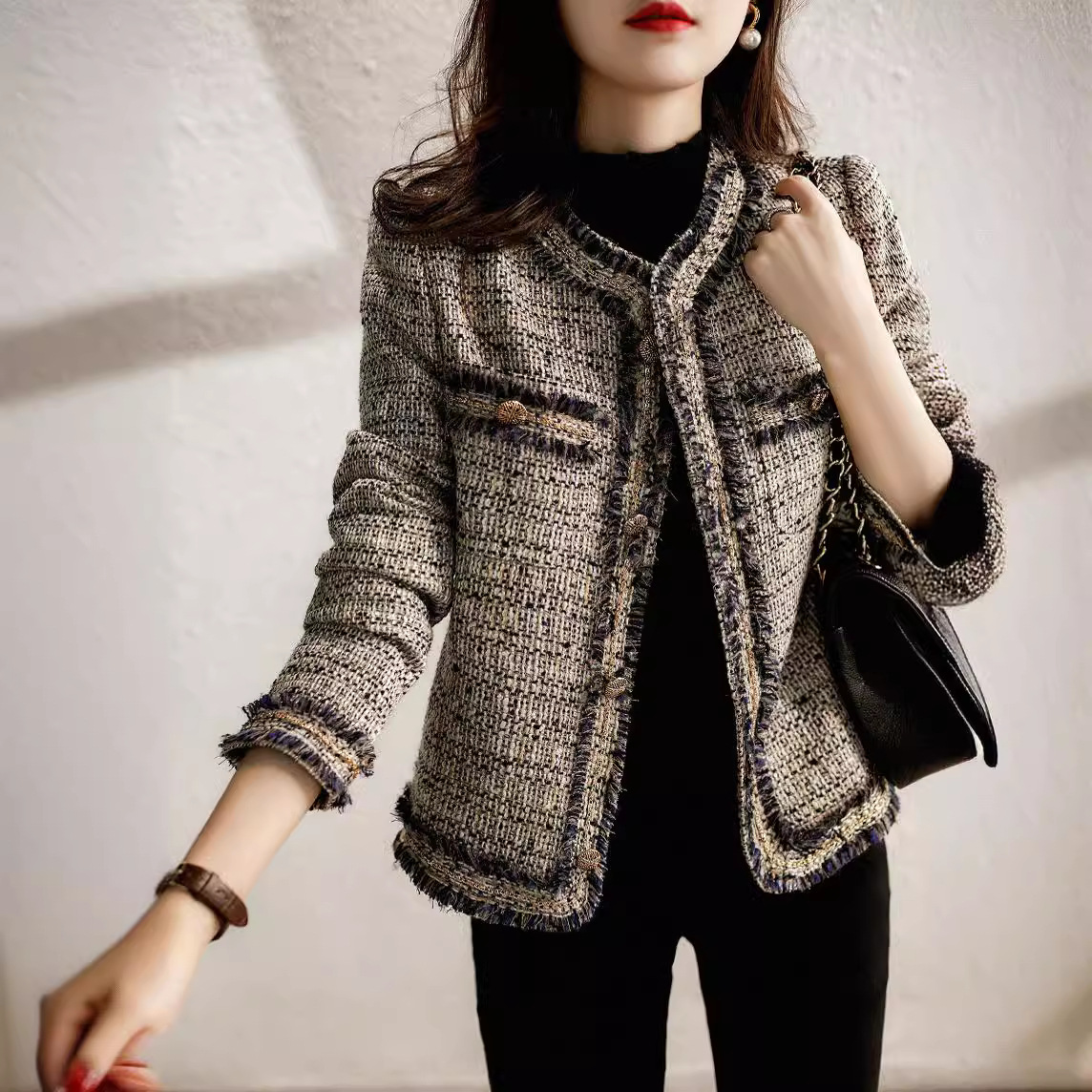 Women's Clothing high tech fantasy yarn retro small fragrance style tweed jacket with wool all match outerwear_voghion.com