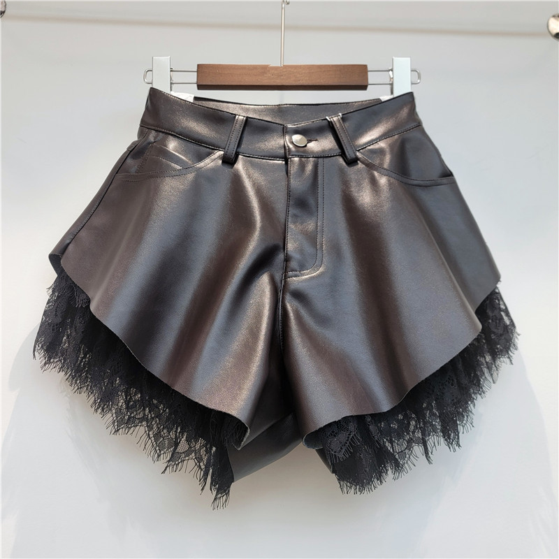 Shorts de Piel PU con Encaje de Pierna Ancha para Mujer