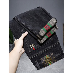 Jeans 2025 New Men's Spring & Fall Black Straight Slim Casual Pants Classy Embroidered European and American Spring Styles