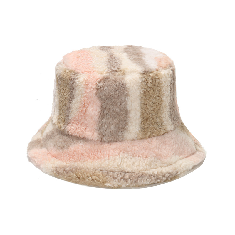 Pot Hat Winter Women's Warm Plush Hat Autumn and Winter Thickened Lamb Hair Colorful Gradient Striped Fisherman Hat_voghion.com