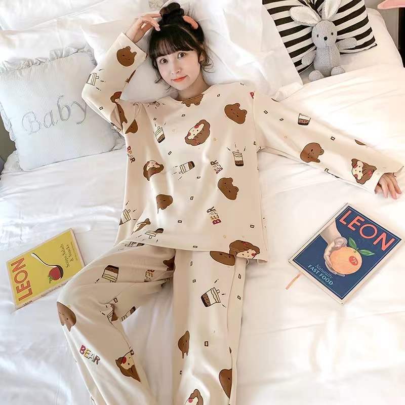 Pajamas for Women Spring & Fall Korean Style 2025 Long-Sleeved Cute Student Cartoon Suit Loose Autumn and Winter Home Wear Suit