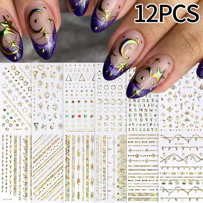 12-Piece Set of Geometric Shapes and Lines Nail Art Stickers, Stars, Moon, Letters, Non-Repeating, Gold Foil Adhesive Nail Stickers 12-Piece Set of Geometric Shapes and Lines Nail Art Stickers, Stars, Moon, Letters, Non-Repeating, Gold Foil Adhesive Nail Stickers