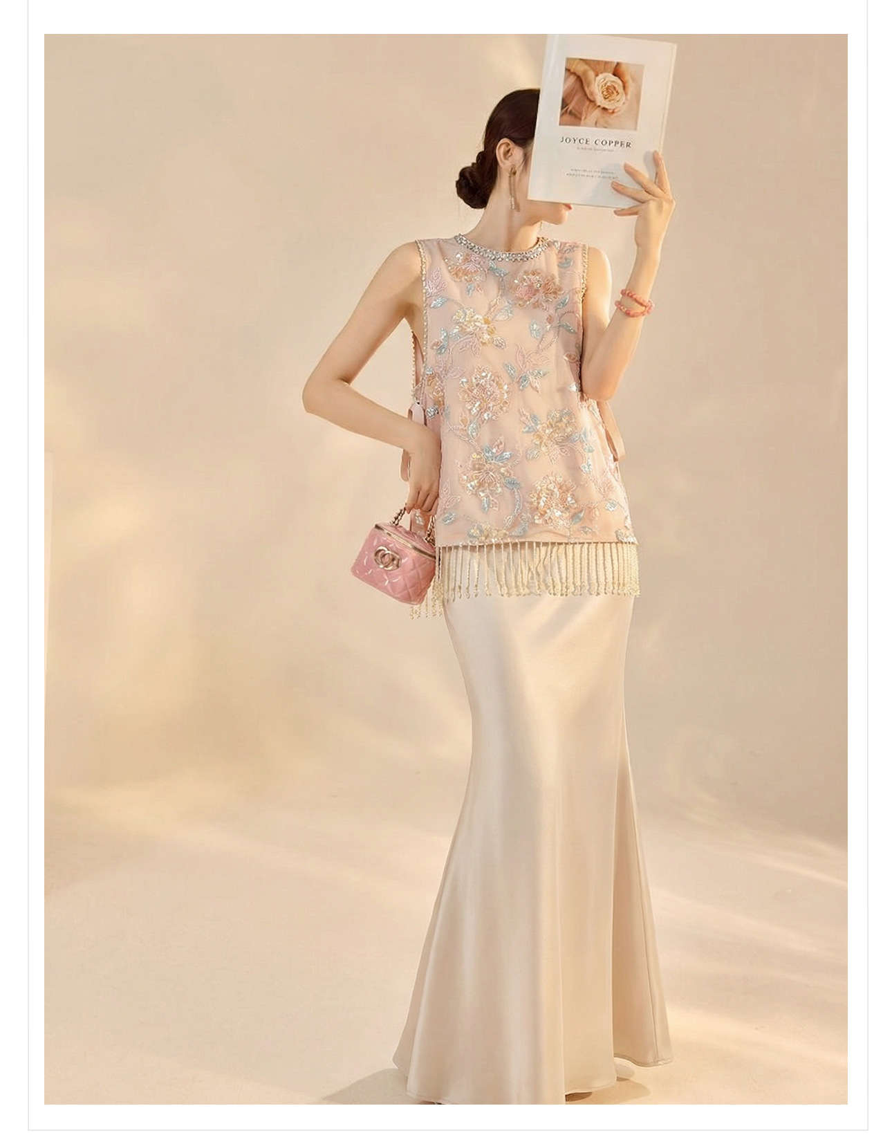 Set áo khoác gile thêu sequin đính cườm + váy sling lụa acetate nữ mùa xuân hè — Áo khoác kaki, Váy sling màu mơ chi tiết 11