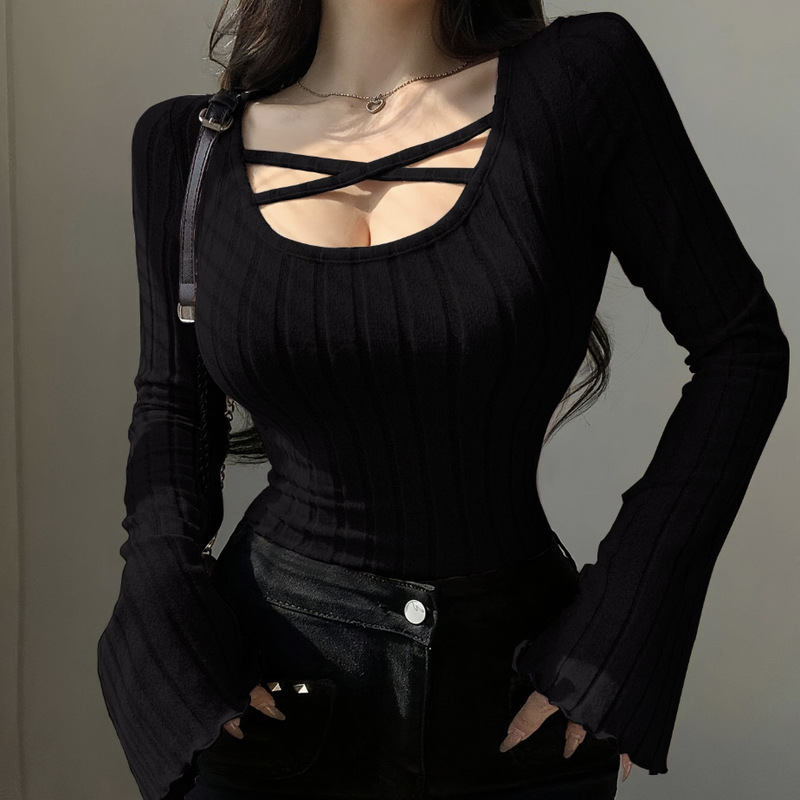 纯欲风设计感不规则长袖女秋冬高弹显瘦针织衫修身辣妹内搭|undefined