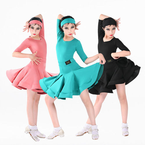 Girls latin dance dresses blue pink black salsa latin performance costumes  Latin dance full-skirted dress uniform female children