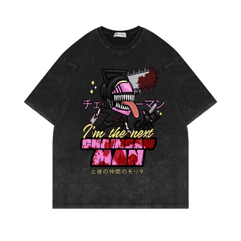 European and American washed vintage T-shirt with anime Chainsaw Man design, American high street retro black short-sleeve top