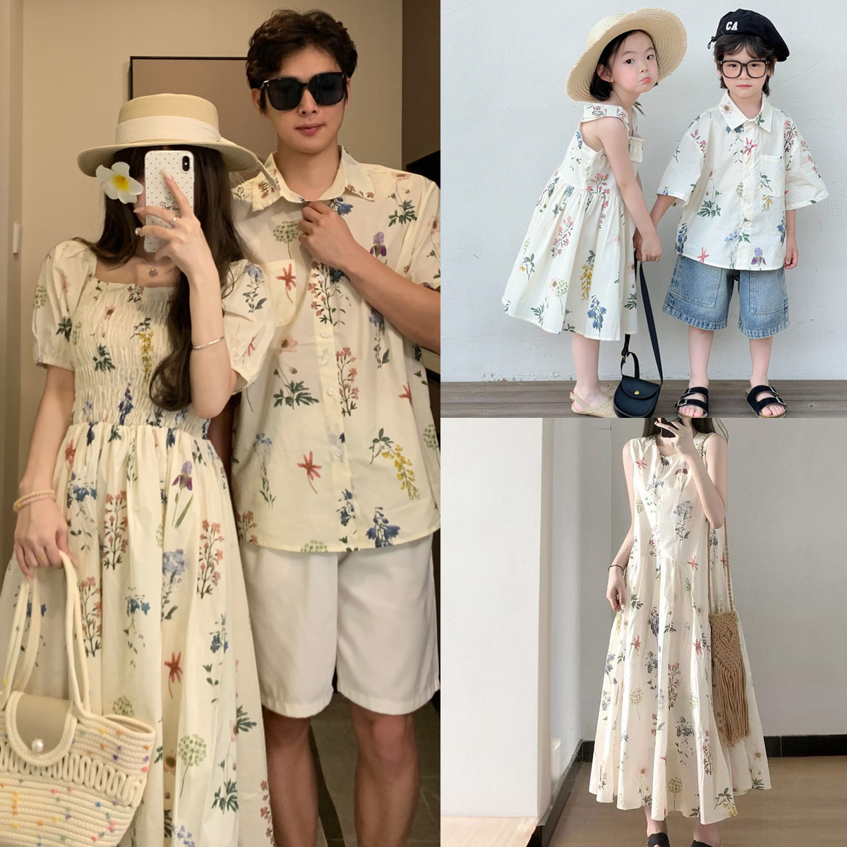 亲子装一家三口高级感夏季2025新款母女款连衣裙海边度假花衬衫潮