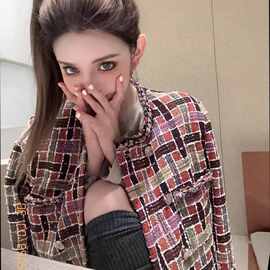 时尚韩版新款ins编织粗花呢外套女春秋气质高级感短小香风上衣潮