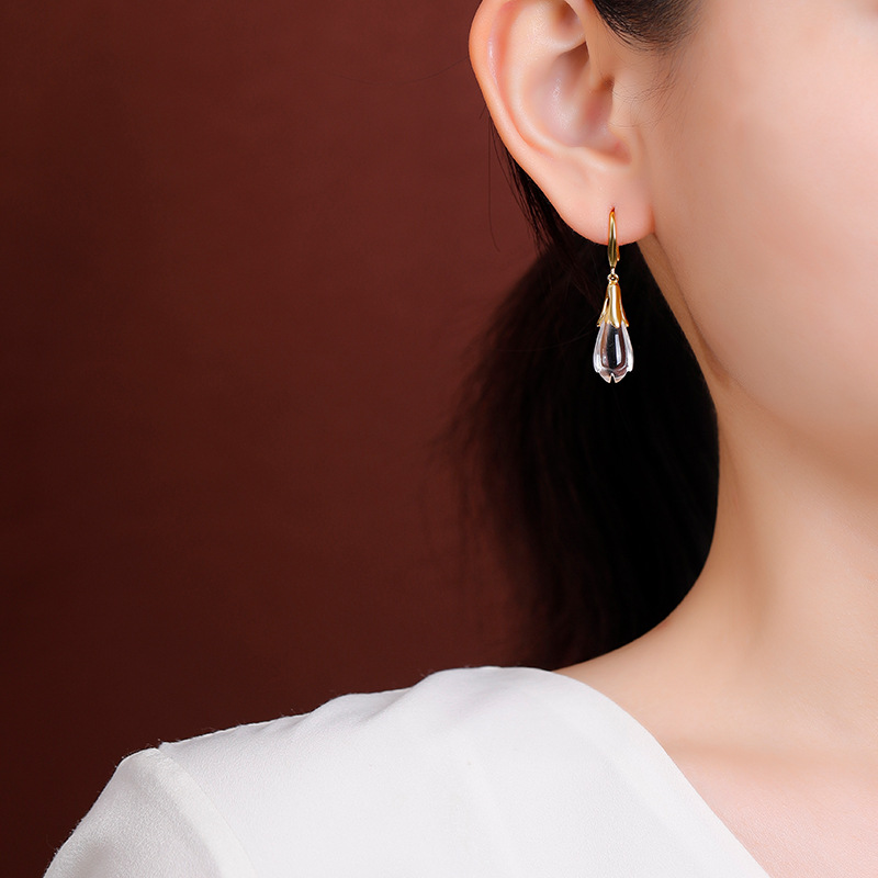 Bông tai bạc S925 mạ vàng đính pha lê trắng hình hoa mộc lan dáng móc — Một cặp