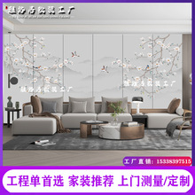 新中式刺绣花鸟墙布定制卧室电视刺绣硬包背景墙床头木饰面背景板