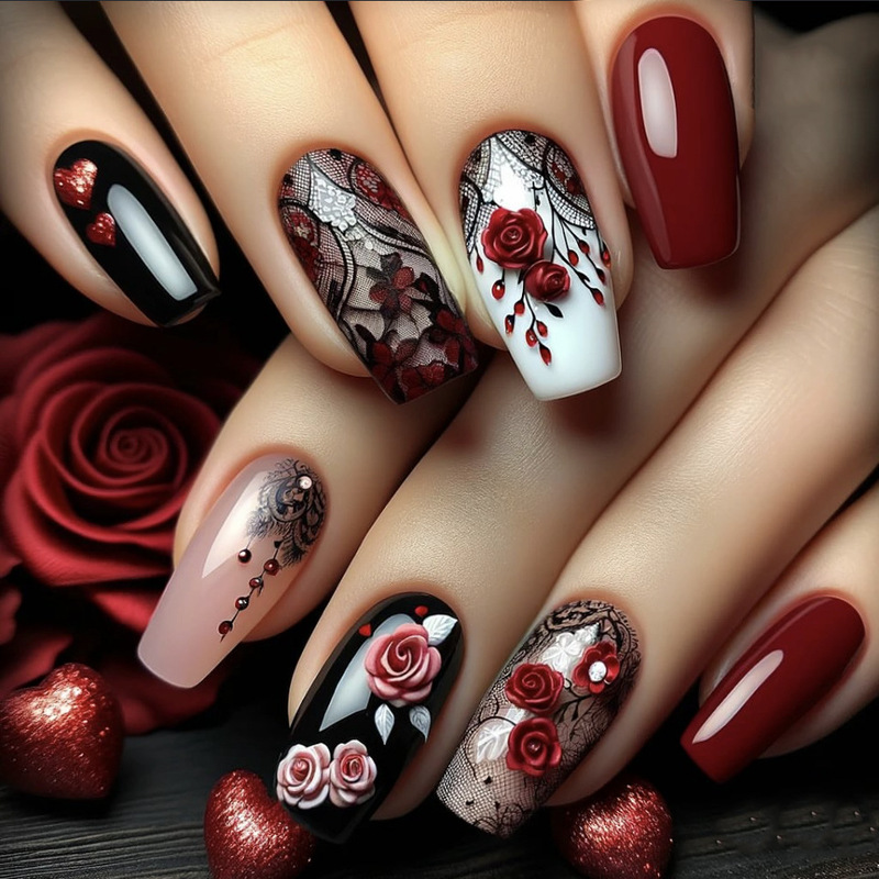 Wm-154 Rose Lover Fake Nails Rose Valentine's Day Manicure Wine Red Battle Armor Wearable Nails Wholesale