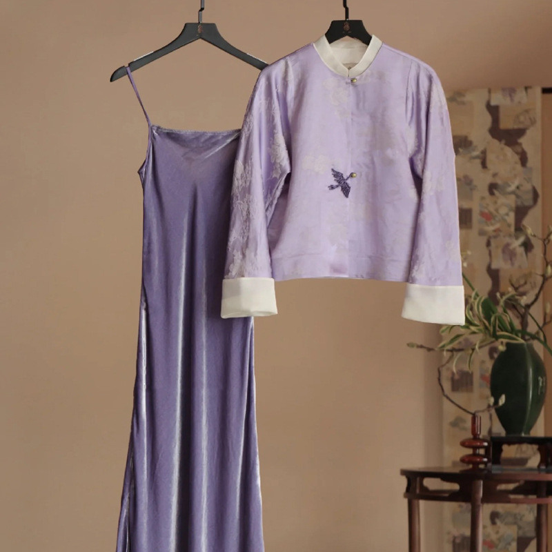 Annual Meeting Dress suit Women's 2024 Spring and Autumn National Style New Chinese Style High-end Temperament Buckle Coat Skirt with Suspender