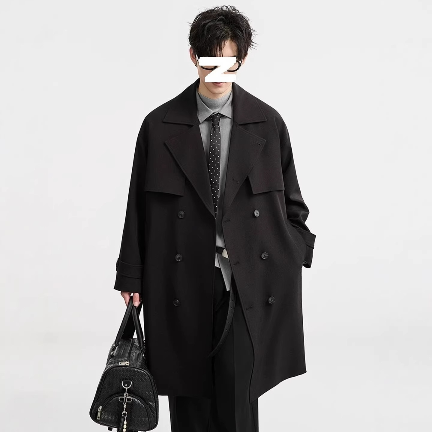 Trendy British style mid-length trench coat with suit collar, double-breasted, over-the-knee, suitable for both men and women, casual and suitable for commuting.