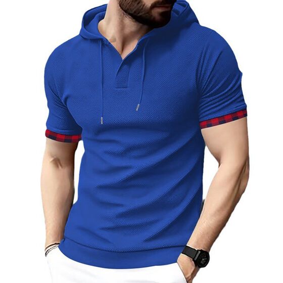 2024 Summer new cross-border men's casual fashion waffle solid color stitching T-shirt fitness hoodie top
