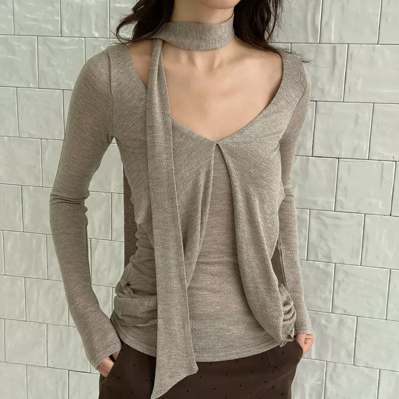 rich in colo 桑蚕丝V领灰棕系带针织衫 设计感打底长袖上衣2026