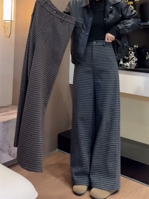 韩系格纹毛呢休闲裤2025年女大码秋季厚款梨形高腰显瘦宽松阔腿裤|undefined