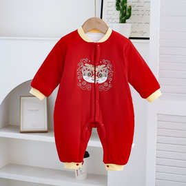 婴儿新年衣服夹棉男女宝宝拜年服百天红色连体衣过年周岁婴幼儿冬