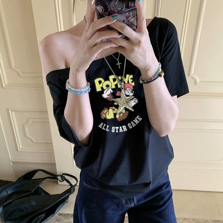 Summer New Style One-Shoulder Off-Shoulder Short-Sleeved T-Shirt for Women, American Cartoon Print Design, Casual Loose Top for Women