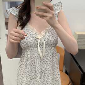 韩国ins女士夏季新品韩系吊带小碎花睡裙长裙家居服可外穿批发女