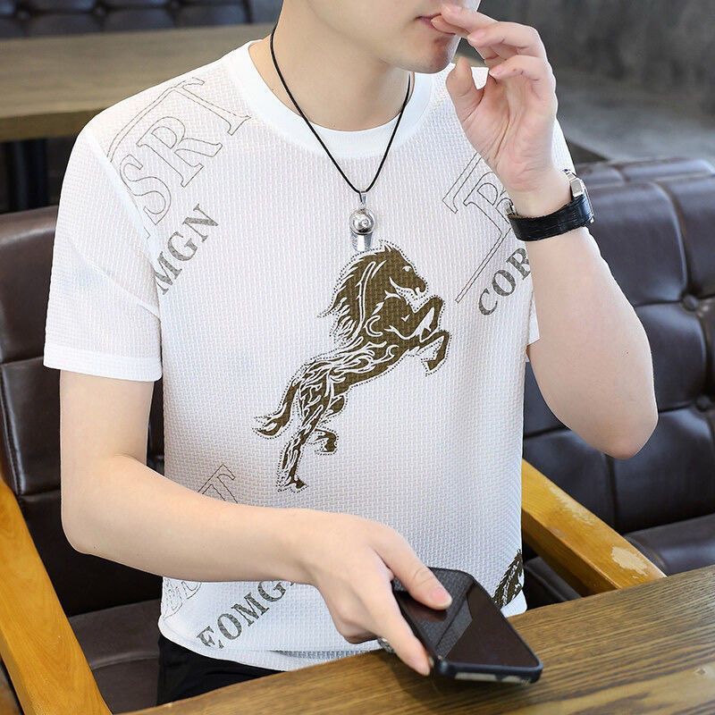 Verano hombre bordado tendencia delgada casual media manga marca de moda hombre cuello redondo camiseta de manga corta camiseta de comercio exterior