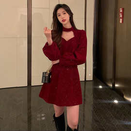 2022春季小香风过年连衣裙女气质收腰显瘦新年战袍小众【有拉链】