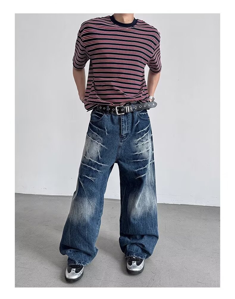 American Style Rivet Lightning Denim Jeans For Men And Women, Wide-Legged Distressed Wash Vintage Drop-Crotch Trousers, Trendy Streetwear Design_mkmklike.com