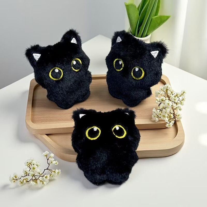 New Big-Eyed Cat Doll Black Cat Pendant Plush Cartoon Cute Bag Keychain Kitten Pendant Wholesale