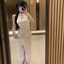 8708 跨境外贸新款夏季轻熟紧身聚会时尚纯色开叉中长旗袍连衣裙
