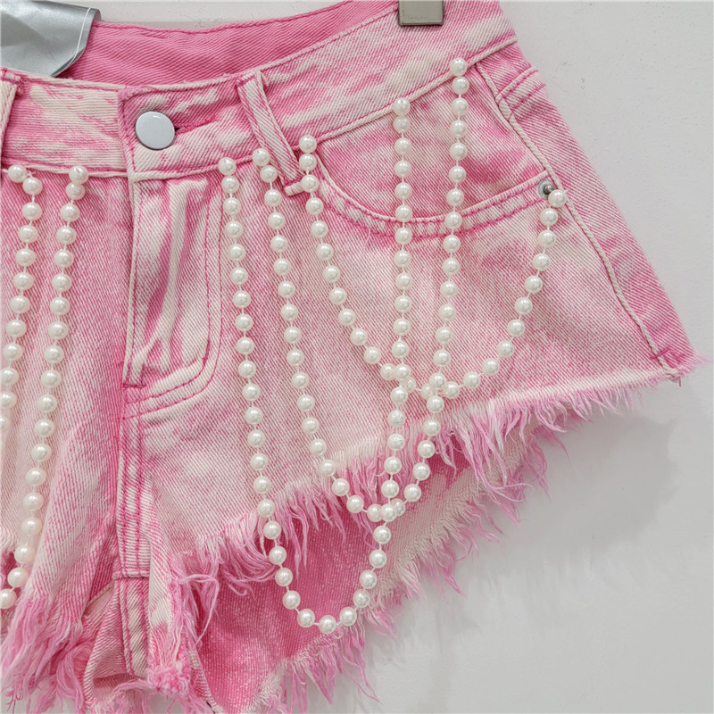 Pantalones Cortos de Mezclilla con Cuentas de Mezclilla con Bordes Deshilachados para Verano