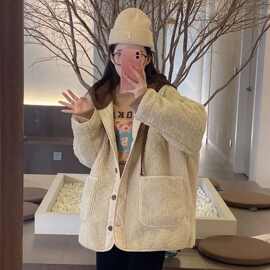 慵懒风拼色连帽仿羊羔绒外套秋冬季女装中长款宽松大口袋卫衣棉袄