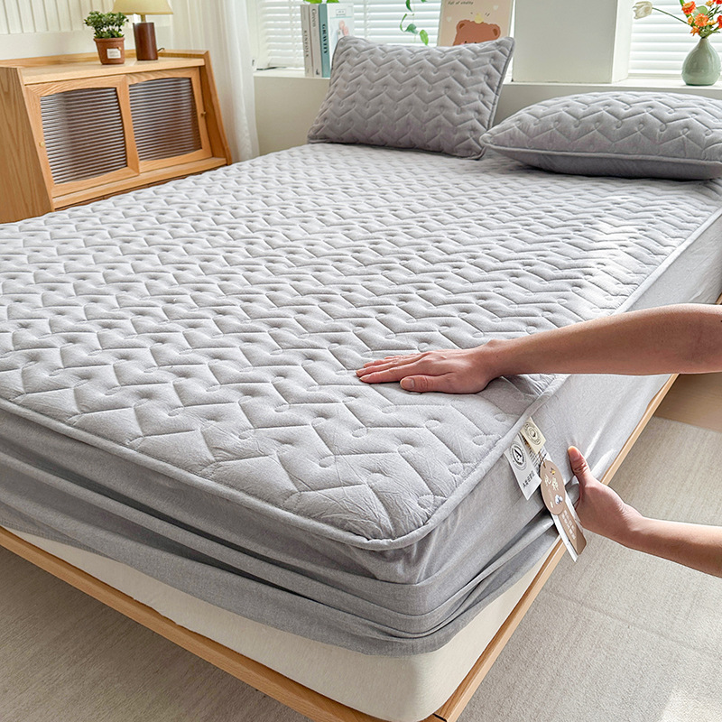 Pure Cotton Yarn-Dyed Washed Cotton Single-Piece Fitted Sheet, Pure Cotton Quilted Mattress Protector, Solid Color Full-Coverage Mattress Cover