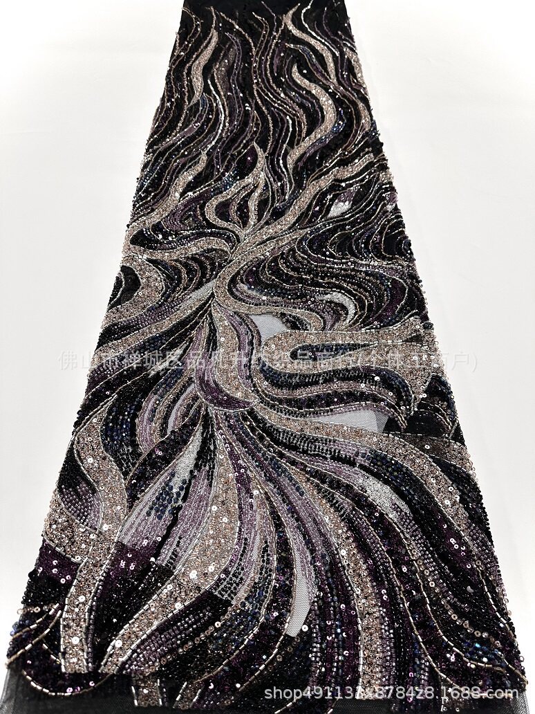 Wave streamline cuentas bordadas tela de malla delgada alfombra roja del desfile ligera de lujo fiesta de cumpleaños anfitrión vestido tela