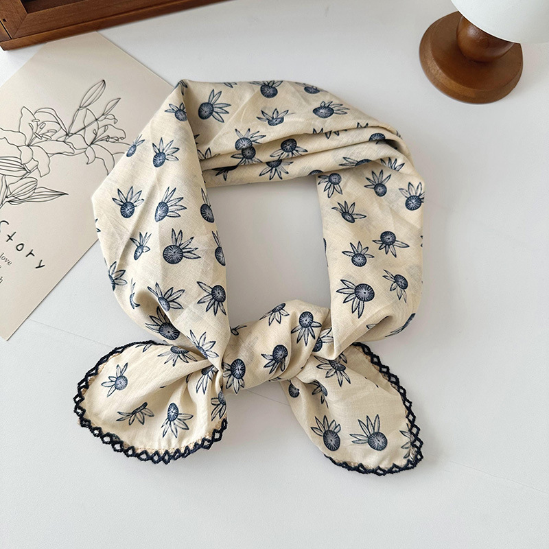 70 algodón y lino floral cuadrado bufanda de las mujeres estilo coreano de todo partido pastoral estilo artístico cuello Protección decorativa bufanda pequeña bufanda delgada