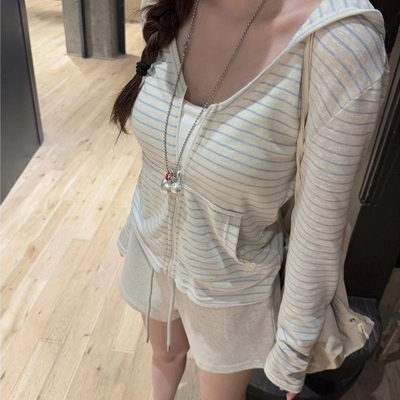 【原版面料】条纹拉链长袖连帽开衫外套女夏季短款防晒罩衫灰色|undefined