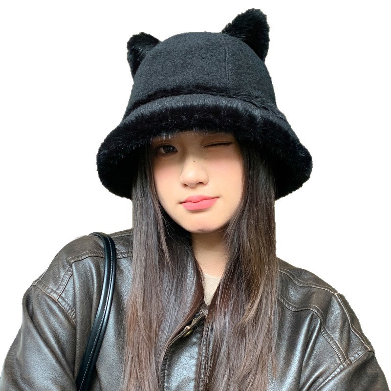 冬季新款帽子女日系可爱小熊盆帽毛线百搭渔夫帽护耳保暖一体帽潮|undefined