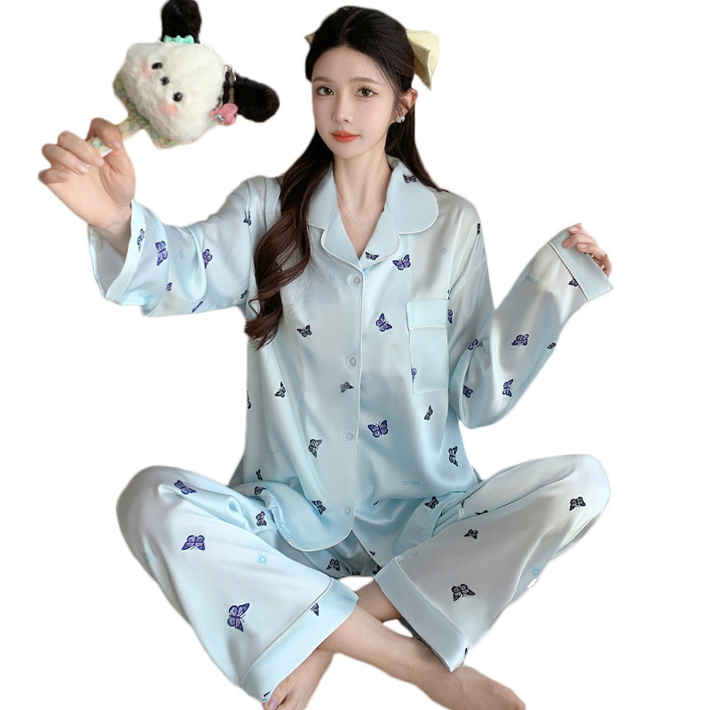 かわいい蝶の気質の氷のパジャマの女性の秋の長袖のスーツのフランスの軽い贅沢な風の家庭服は外で卸売りを着ることができます。|undefined